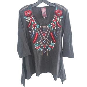 Johnny Was JWLA Embroidered Grey Handkerchief 3/4 Sleeves Scoop Neckline Top - S